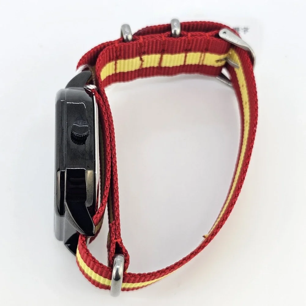 Men's‎ Watch 42MM Black Dial Date Indicator Red Yellow Canvas Bands New Battery